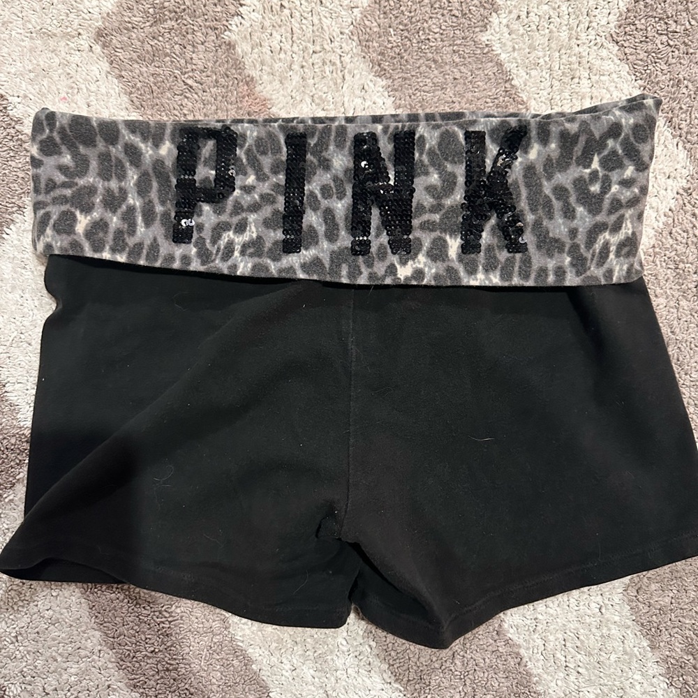PINK Victoria's Secret Black Shorts with Gray Leopard Print Waistband